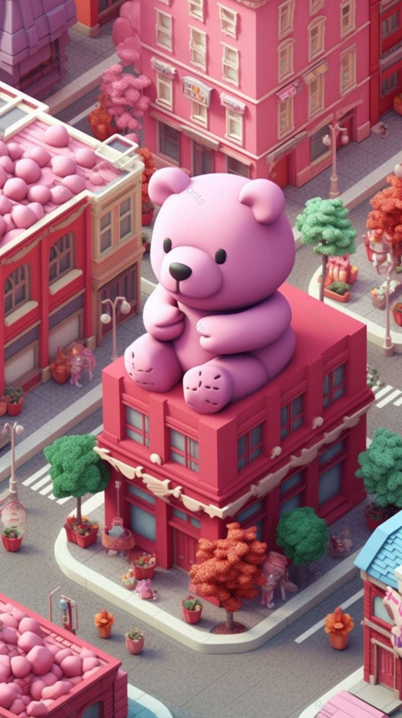 建模3D玩具小熊坐在楼房房屋城市六一儿童节背景粉色插画,插画/手绘图,插画/手绘图库,插画/手绘图下载,插画/手绘